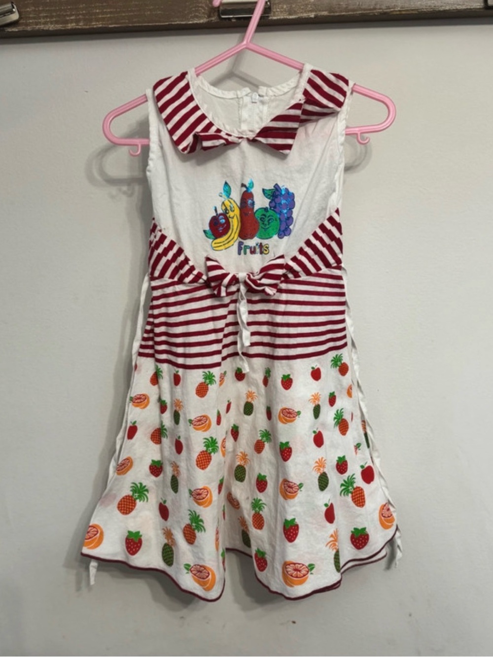 Angel Girls White & Red Striped Fruit Print Vintage Dress